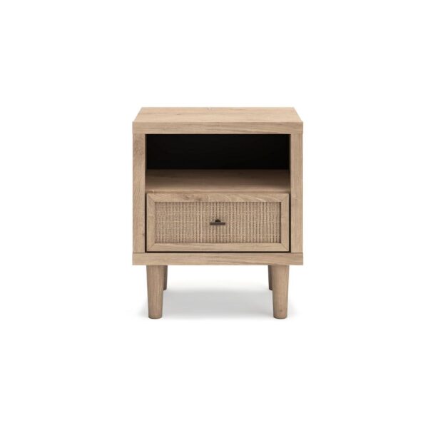 15022026699218eccb735.jpeg Ciel Nightstand w USB LED, Faux Linen Laminate, Cane Drawer, Oak Brown