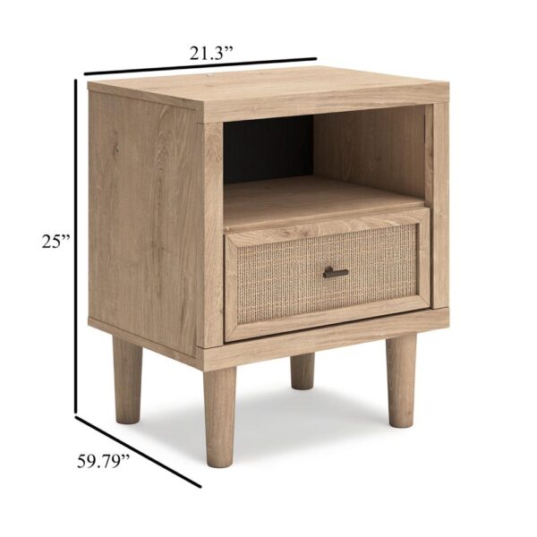 15022026699218f1f2266.jpeg Ciel Nightstand w USB LED, Faux Linen Laminate, Cane Drawer, Oak Brown
