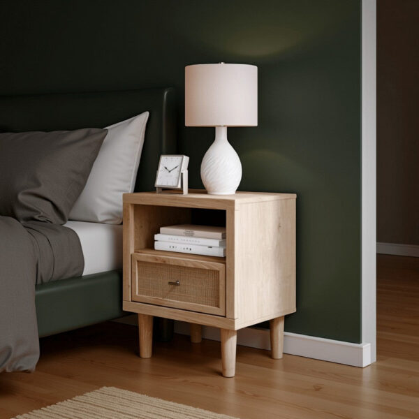 15022026699218f3b0e30.jpeg Ciel Nightstand w USB LED, Faux Linen Laminate, Cane Drawer, Oak Brown