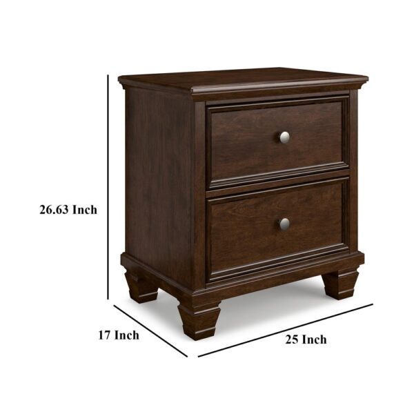 Reno Nightstand, 2 Drawers, Nickel Round Knobs, Rich Brown Solid Wood