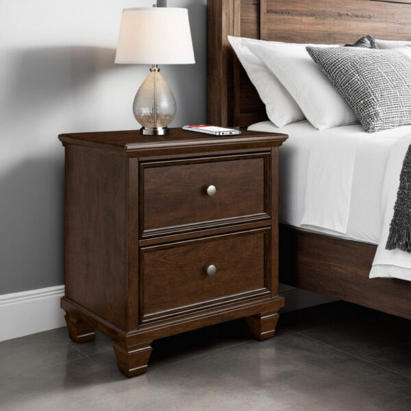 Reno Nightstand, 2 Drawers, Nickel Round Knobs, Rich Brown Solid Wood