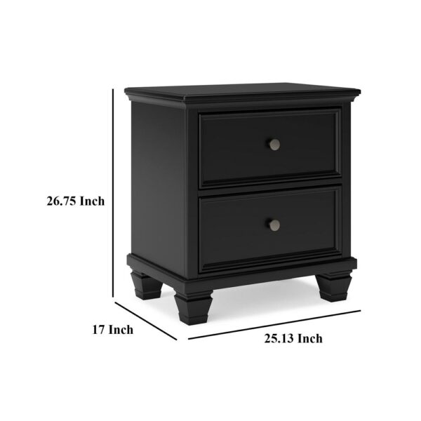 Lemo Nightstand, 2 Wide Drawers, Nickel Round Knobs, Black Solid Wood