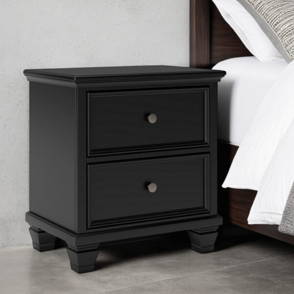 Lemo Nightstand, 2 Wide Drawers, Nickel Round Knobs, Black Solid Wood