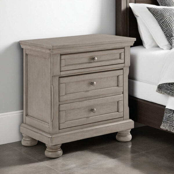 15022026699219378a532.jpeg Ryno Nightstand, 2 Drawers, Pull Out Tray, Nickel Round Knobs, Gray