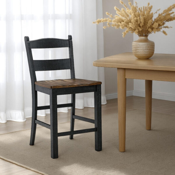 Becy Counter Height Chair Set of 2, 24 Inch, Black and Brown Wood