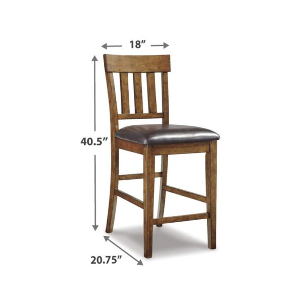 Raly Counter Height Chair Set of 2, Brown Faux Leather, Slatted Back