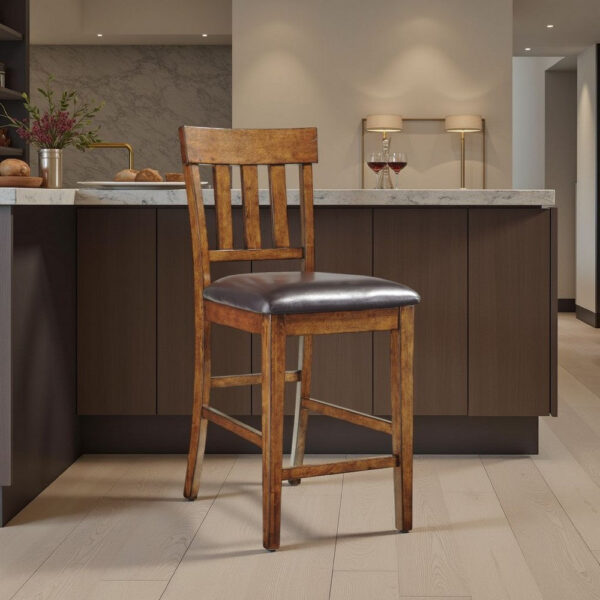 Raly Counter Height Chair Set of 2, Brown Faux Leather, Slatted Back