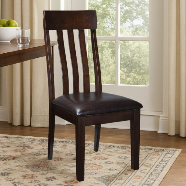 Hado Dining Chair Set of 2, Dark Brown Faux Leather Seat, Slatted Back