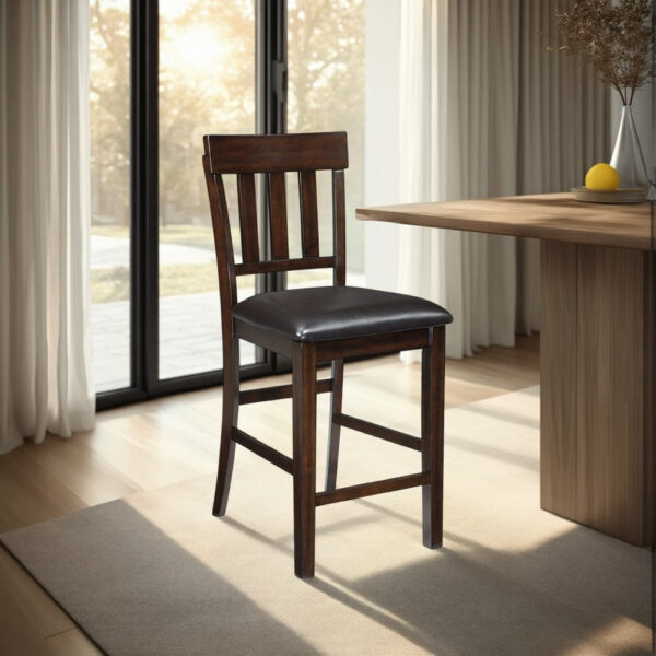 Hado Counter Height Chair Set of 2, Brown Faux Leather, Slatted Back