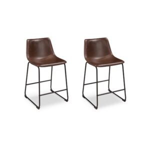 Tia Counter Height Chair Set of 2, Brown Faux Leather, Bucket Seat