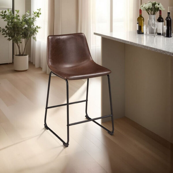 Tia Counter Height Chair Set of 2, Brown Faux Leather, Bucket Seat