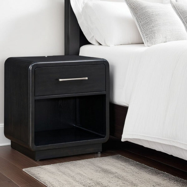 Robeck Nightstand, 1 Drawer, Black 26 Inch, Silver Metal Handles