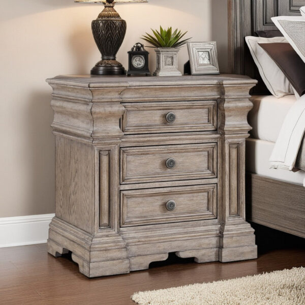 Blaie Nightstand, 3 Drawer, 29 inch, Taupe Brown Solid Hardwood Finish