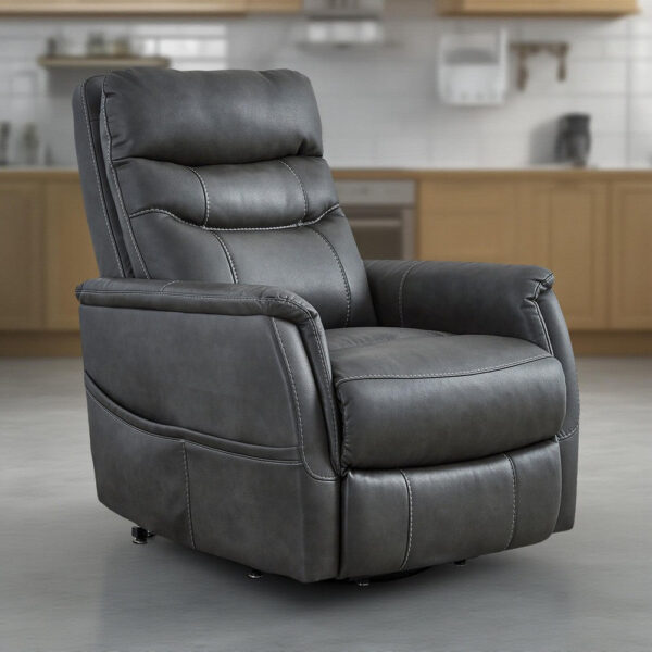 Barrett Power Lift Recliner Chair, Dark Gray Faux Leather, Pillow Back