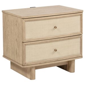 1502202669921a2853127.jpeg Lno Nightstand, 2 Cane Accent Drawers w Brass Knobs, USB, Oak Beige