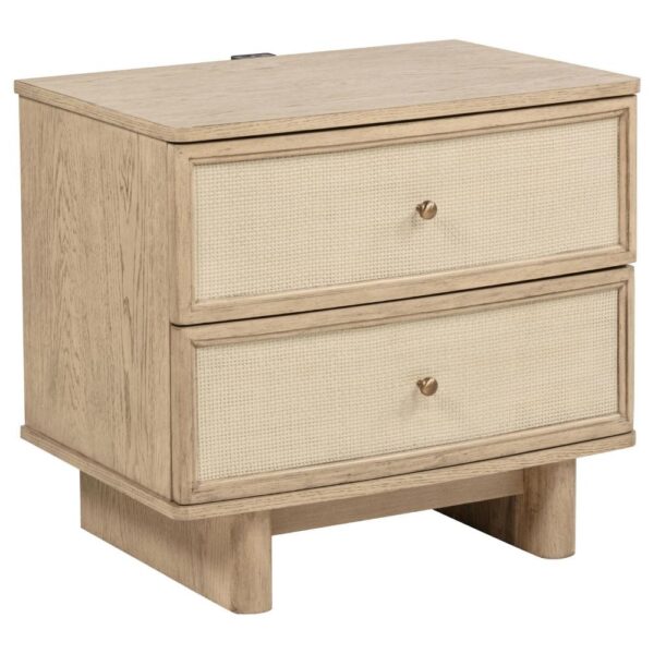 1502202669921a2853127.jpeg Lno Nightstand, 2 Cane Accent Drawers w Brass Knobs, USB, Oak Beige