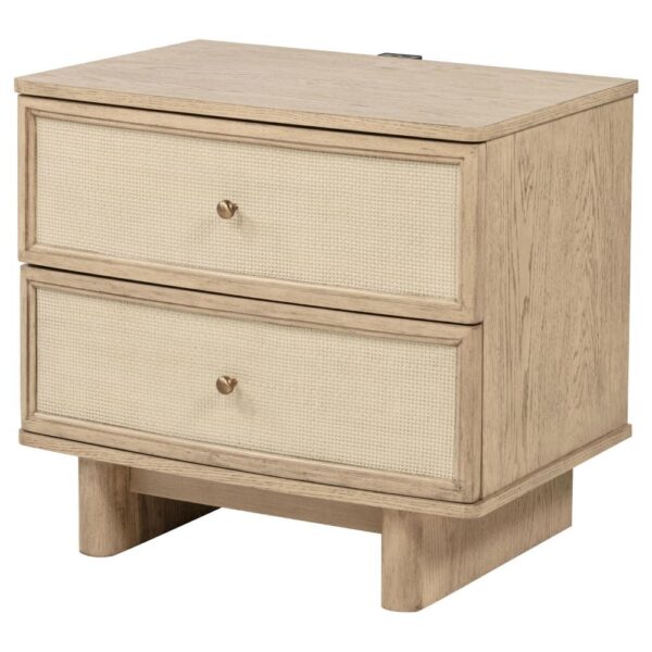 1502202669921a2b6facb.jpeg Lno Nightstand, 2 Cane Accent Drawers w Brass Knobs, USB, Oak Beige