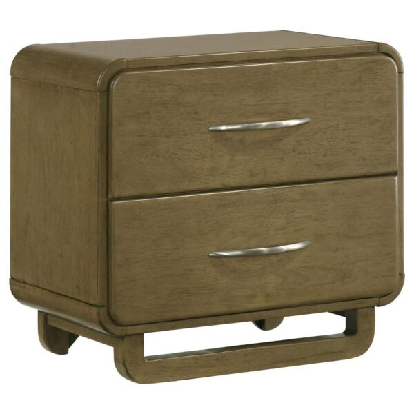 Deon Nightstand, 2 Drawers w Nickel Handles, Sled Legs, Nutmeg Brown