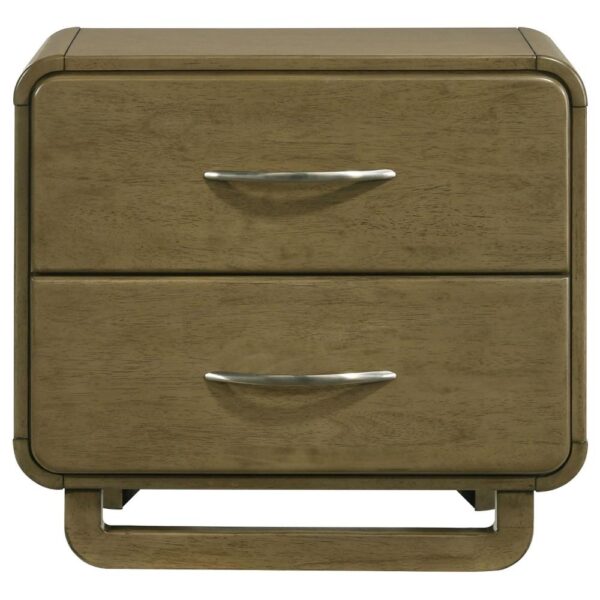 Deon Nightstand, 2 Drawers w Nickel Handles, Sled Legs, Nutmeg Brown