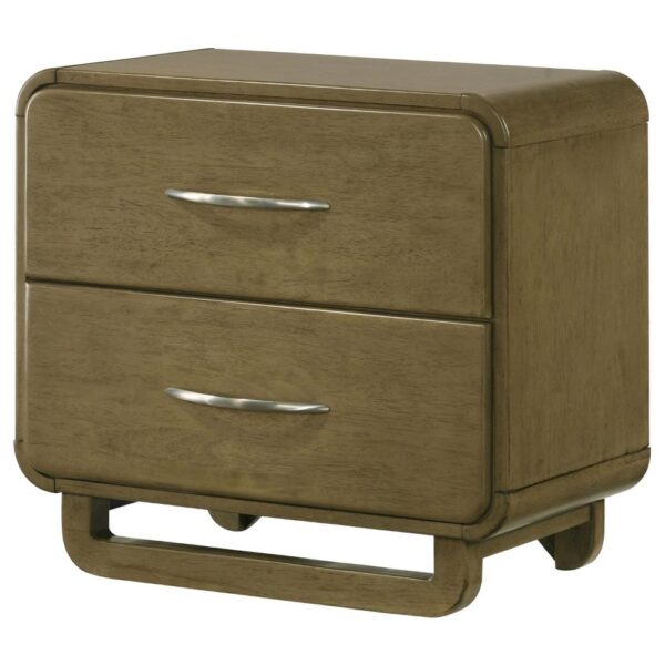Deon Nightstand, 2 Drawers w Nickel Handles, Sled Legs, Nutmeg Brown