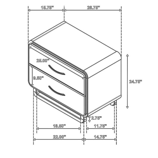 Deon Nightstand, 2 Drawers w Nickel Handles, Sled Legs, Nutmeg Brown