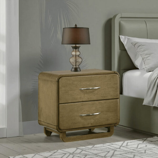 Deon Nightstand, 2 Drawers w Nickel Handles, Sled Legs, Nutmeg Brown