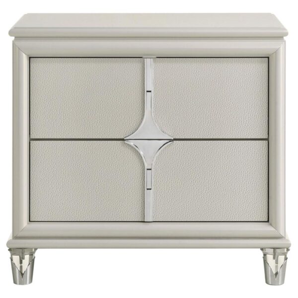 Ory Nightstand w 2 Drawers, Chrome Star Handle, Pearl Ivory Wood