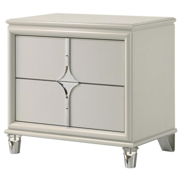 Ory Nightstand w 2 Drawers, Chrome Star Handle, Pearl Ivory Wood