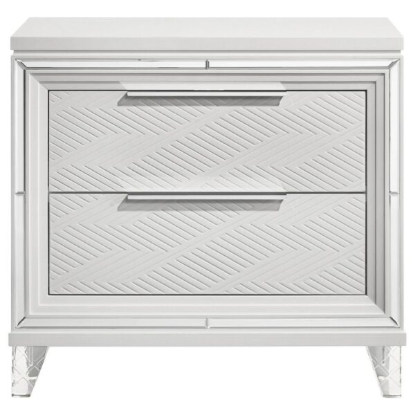 1502202669921a4c5adad.jpeg Mory Nightstand, 2 Drawers, Embossed Herringbone Pattern White, Chrome