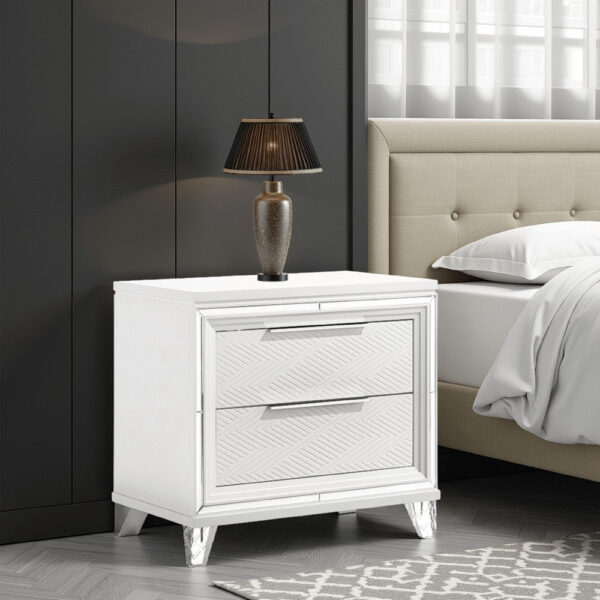 1502202669921a530ff2d.jpeg Mory Nightstand, 2 Drawers, Embossed Herringbone Pattern White, Chrome