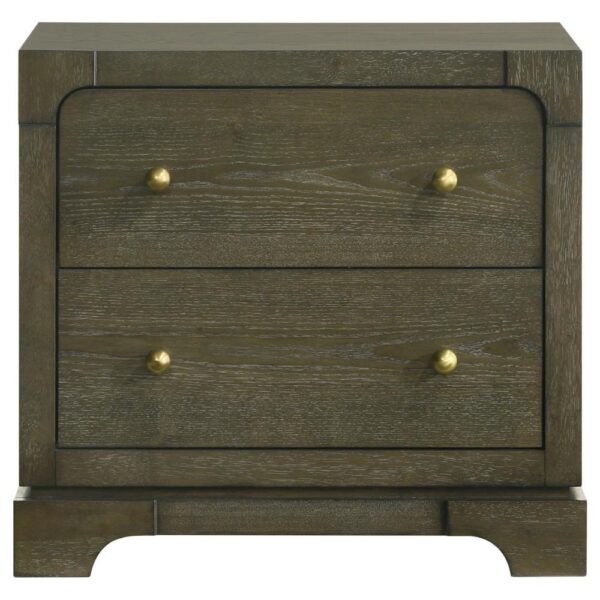 Seon Nightstand, 2 Drawers with Brass Knobs, Dark Cocoa Brown Wood