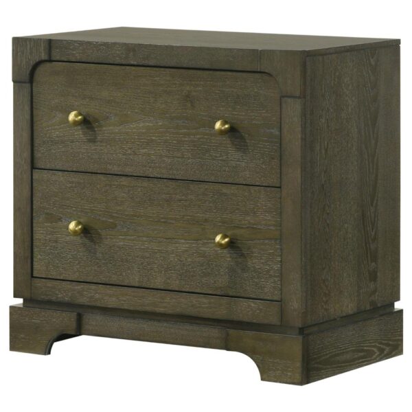 Seon Nightstand, 2 Drawers with Brass Knobs, Dark Cocoa Brown Wood