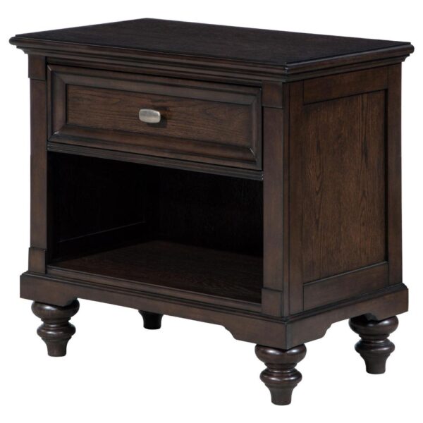 1502202669921a718415c.jpeg Meon Nightstand w Drawer and Open Cubby Shelf, Dark Oak Brown Wood