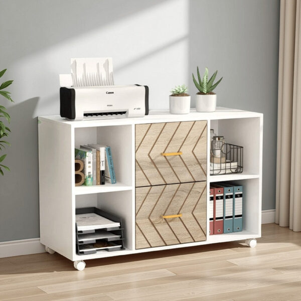 File Cabinet, 4 Storage Shelves, 2 Brown Drawers, Wheel Base 39 Inch