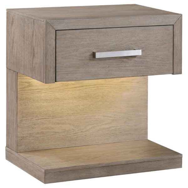 Keno Nightstand, 27 Inch Brown Acacia Wood, Storage Drawer, LED Light