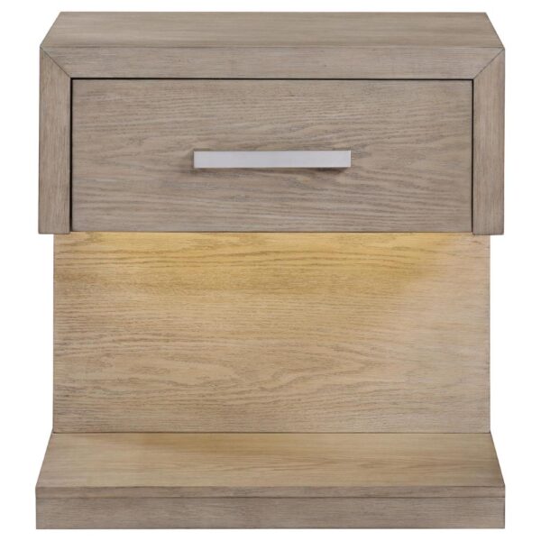 Keno Nightstand, 27 Inch Brown Acacia Wood, Storage Drawer, LED Light
