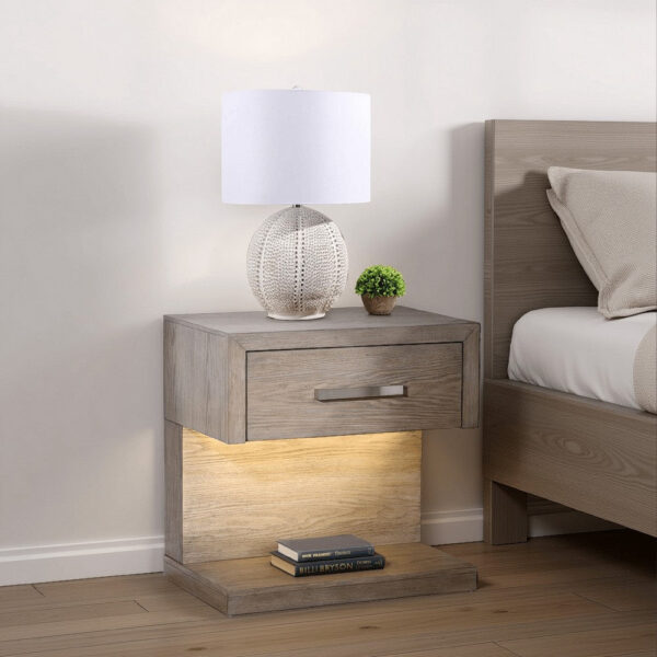 Keno Nightstand, 27 Inch Brown Acacia Wood, Storage Drawer, LED Light