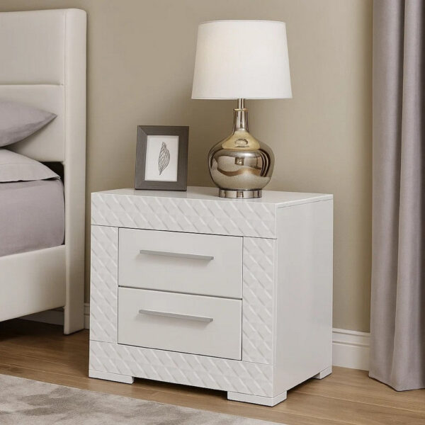 Ivon Nightstand, 2 Drawers, 26 Inch Modern Glossy White Solid Hardwood