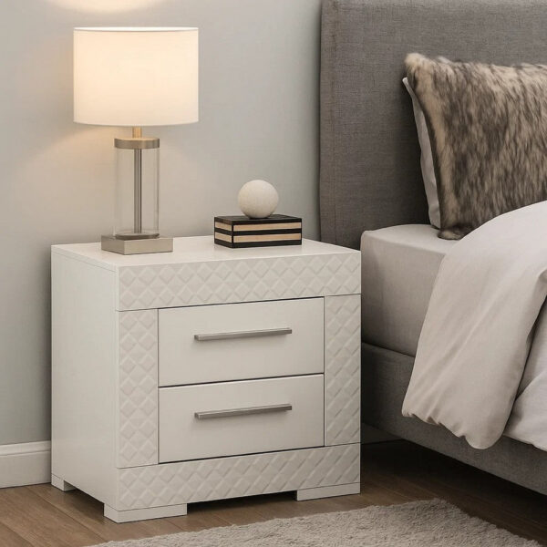 Ivon Nightstand, 2 Drawers, 26 Inch Modern Glossy White Solid Hardwood