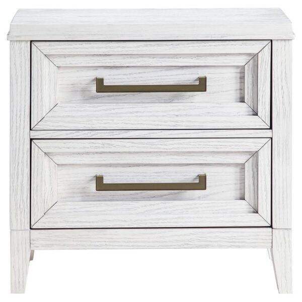 Leva Nightstand, 28 Inch, Distressed White Acacia Wood, 2 Drawers