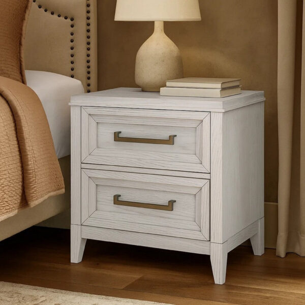 Leva Nightstand, 28 Inch, Distressed White Acacia Wood, 2 Drawers