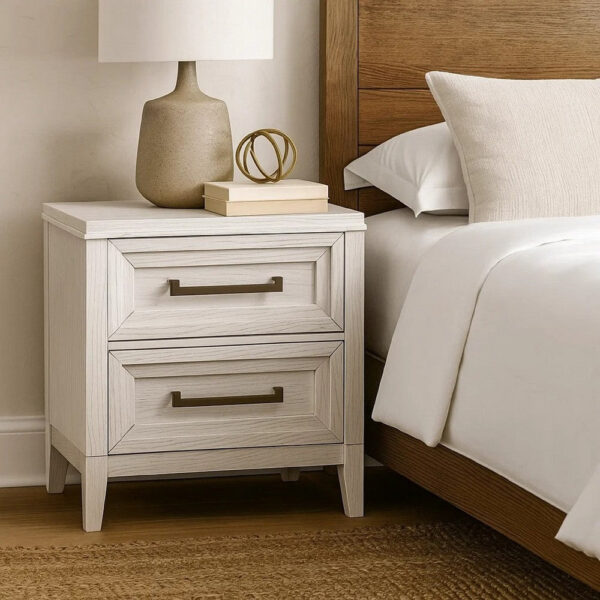 Leva Nightstand, 28 Inch, Distressed White Acacia Wood, 2 Drawers