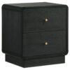 Cavy Nightstand, 2 Storage Drawers, Black Wood, Round Gold Knobs