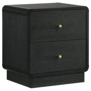 1502202669921ab8aa21a.jpeg Cavy Nightstand, 2 Storage Drawers, Black Wood, Round Gold Knobs