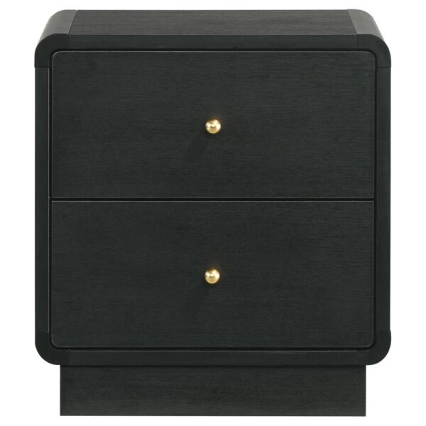 Cavy Nightstand, 2 Storage Drawers, Black Wood, Round Gold Knobs