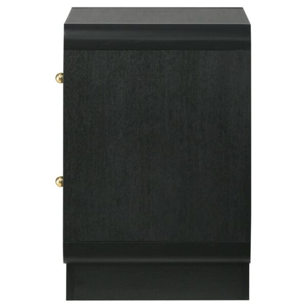 Cavy Nightstand, 2 Storage Drawers, Black Wood, Round Gold Knobs