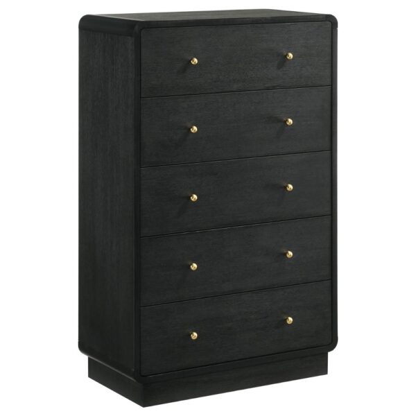 Cavy Tall Dresser Chest, 6 Drawers, Black Wood, Round Gold Knobs