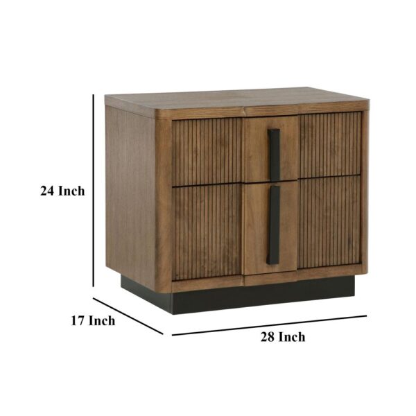 Reon Nightstand, 2 Drawers, Decorative Reeded Ash Brown Black Wood