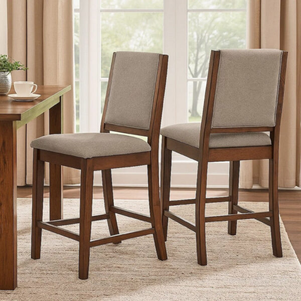 Patter Counter Height Chair Set of 2, Beige Fabric, Dark Brown 26 Inch