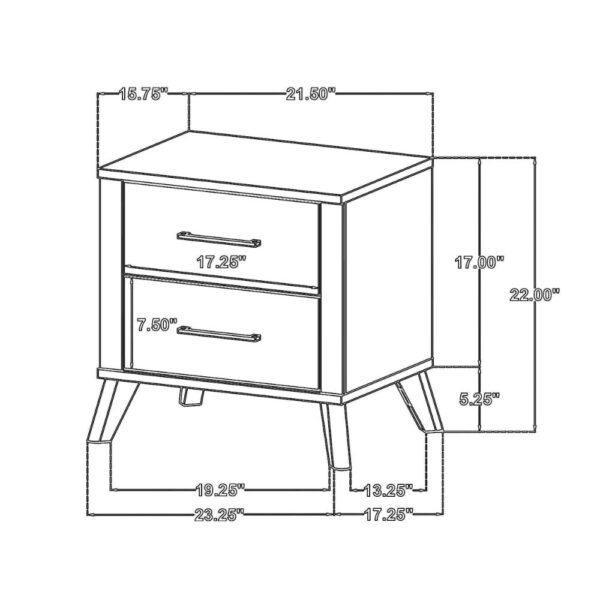 Wemy Nightstand with 2 Drawers, Metal Legs, Weathered Brown Pine Wood
